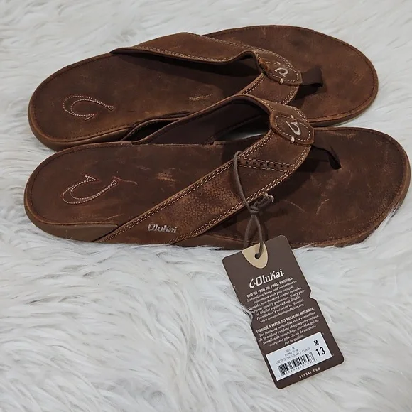 OluKai Rich Brown Leather Sandals Men's Nui Sandal in Rum Brown by Olukai Sz 13 - Picture 3 of 10
